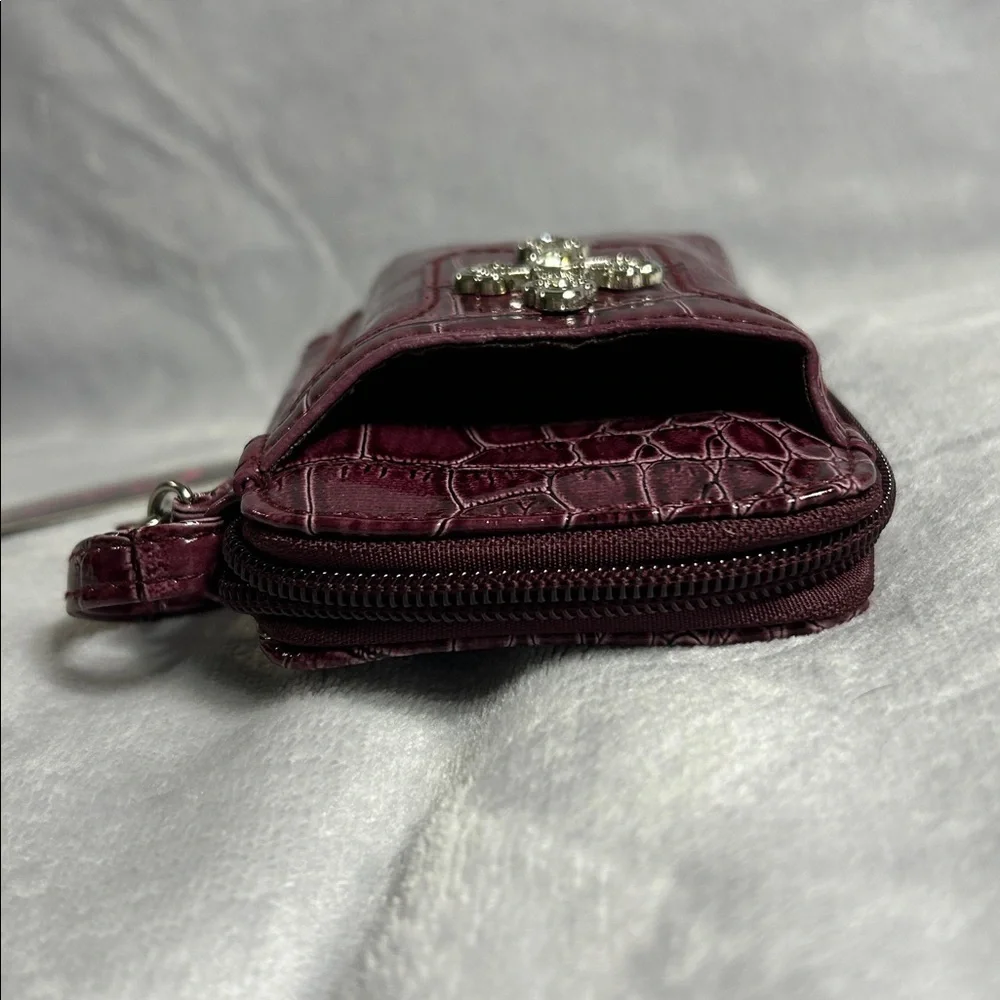 Candie Burgundy Croc-Embossed Wristlet with Cross Accent